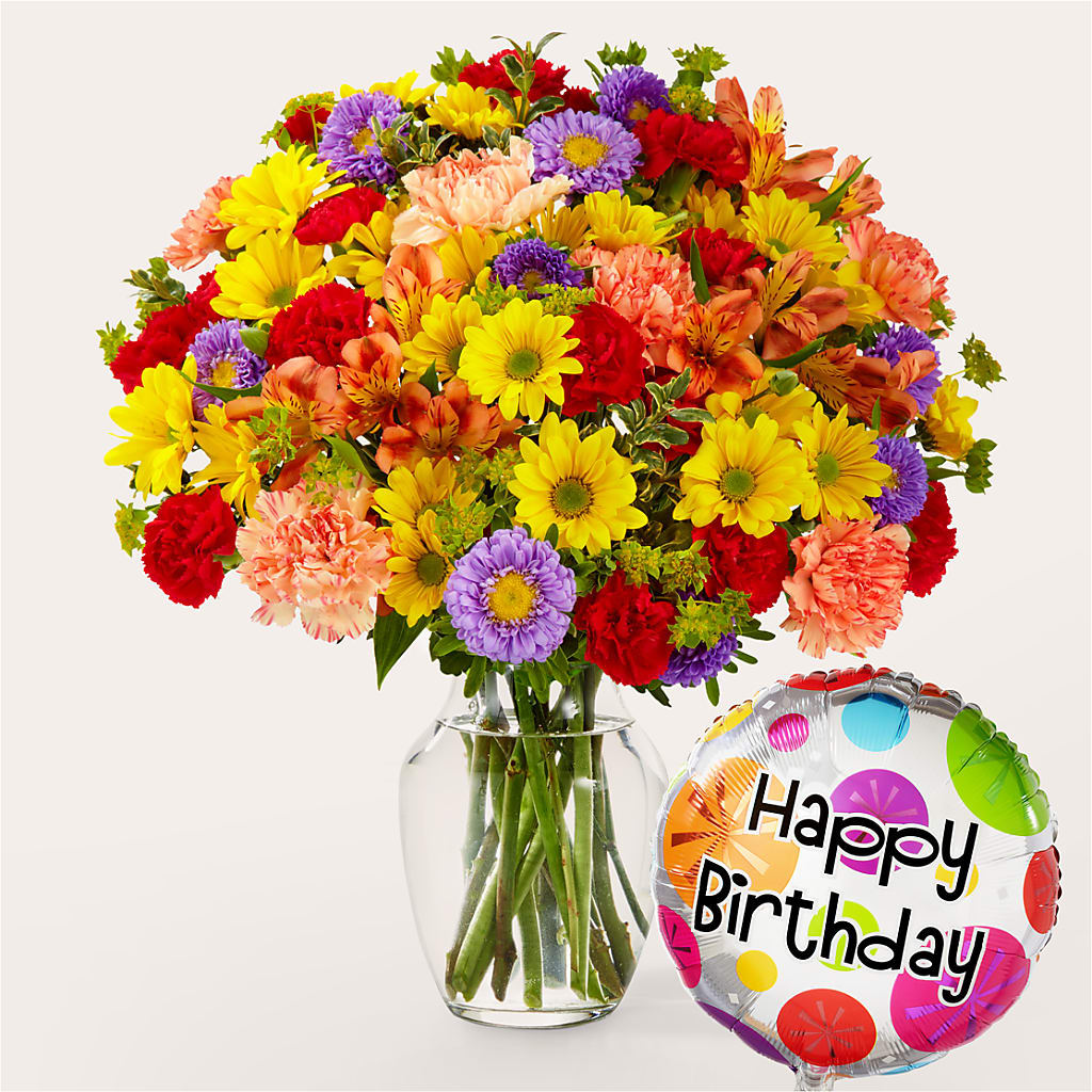 Kaleidoscope Bouquet with Birthday Balloon – Vidor Florist, Vidor TX