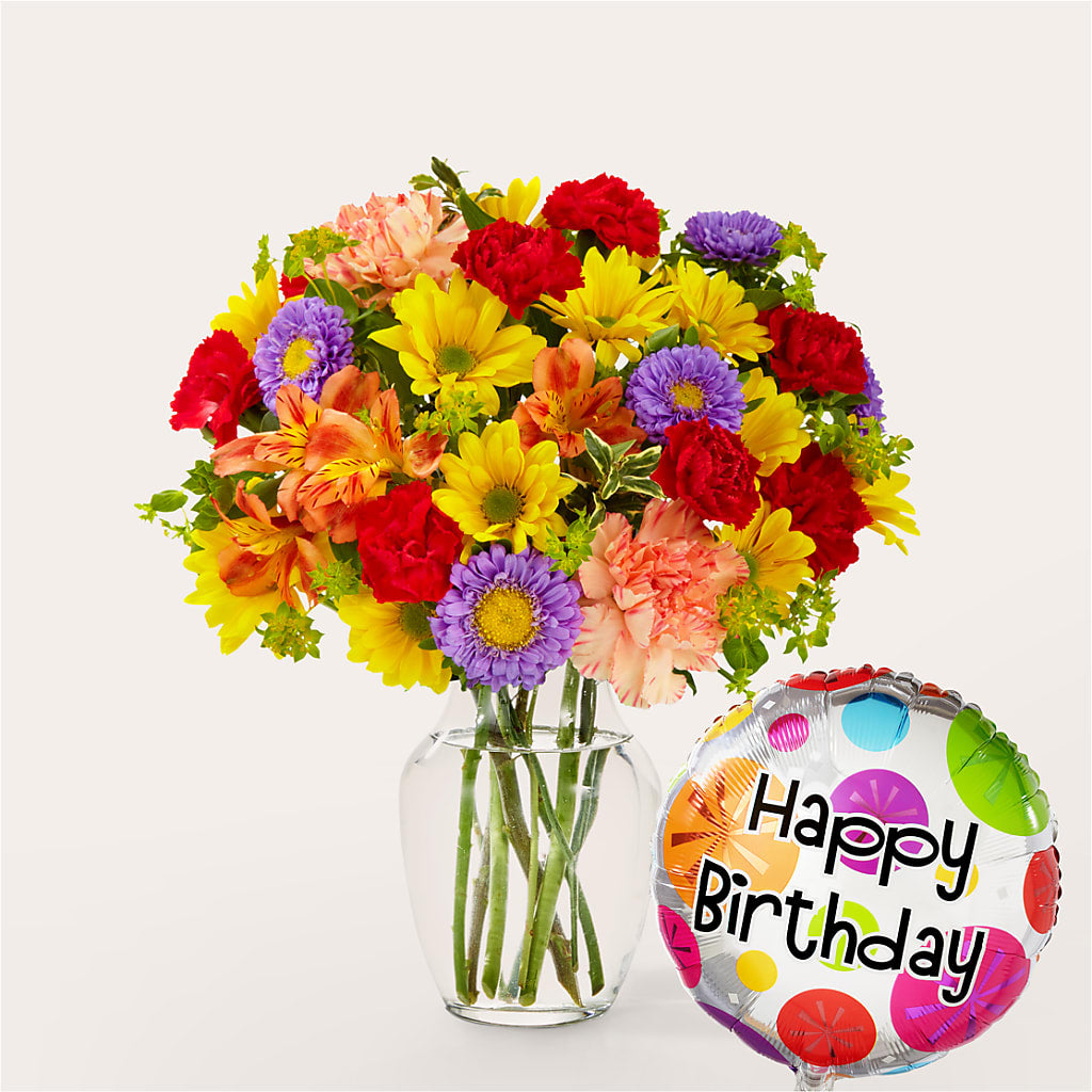 Kaleidoscope Bouquet with Birthday Balloon – Vidor Florist, Vidor TX