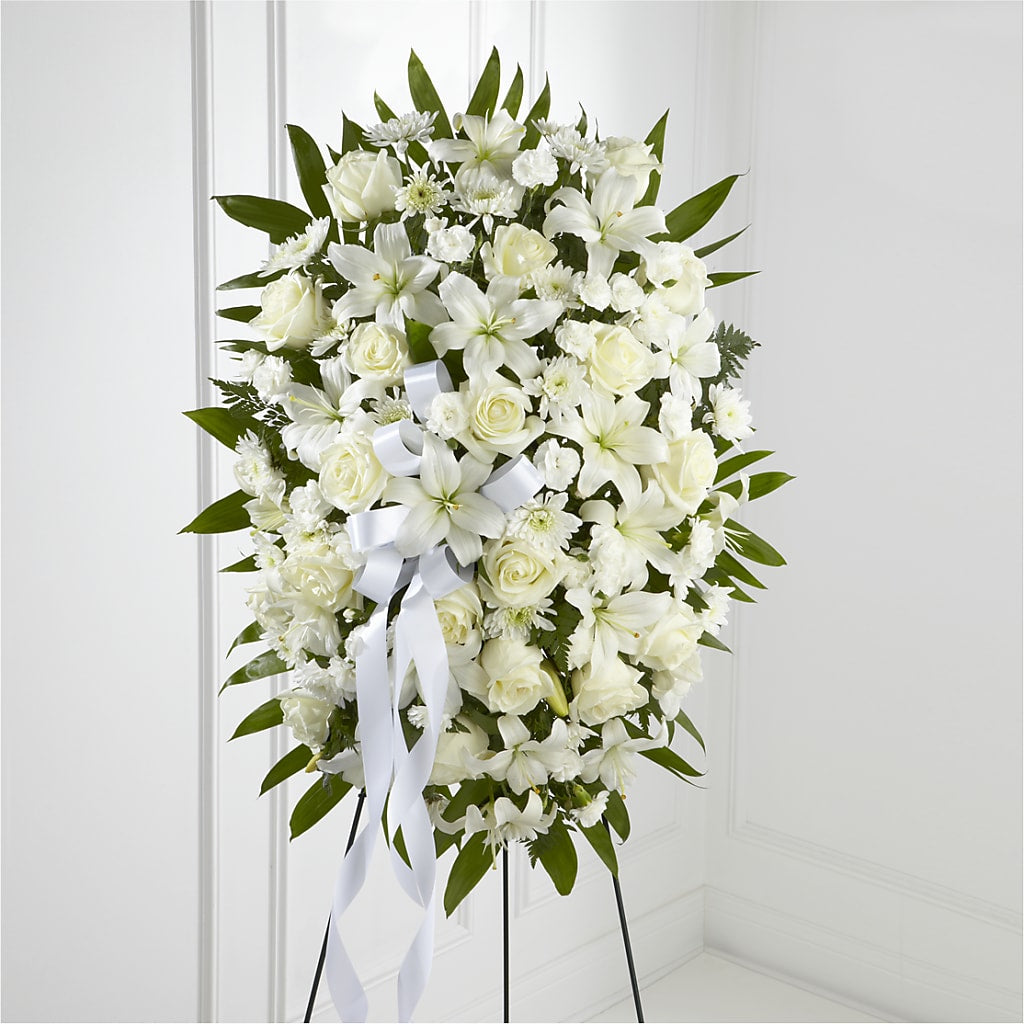 Exquisite Tribute Standing Spray-White Ribbon – Vidor Florist, Vidor TX