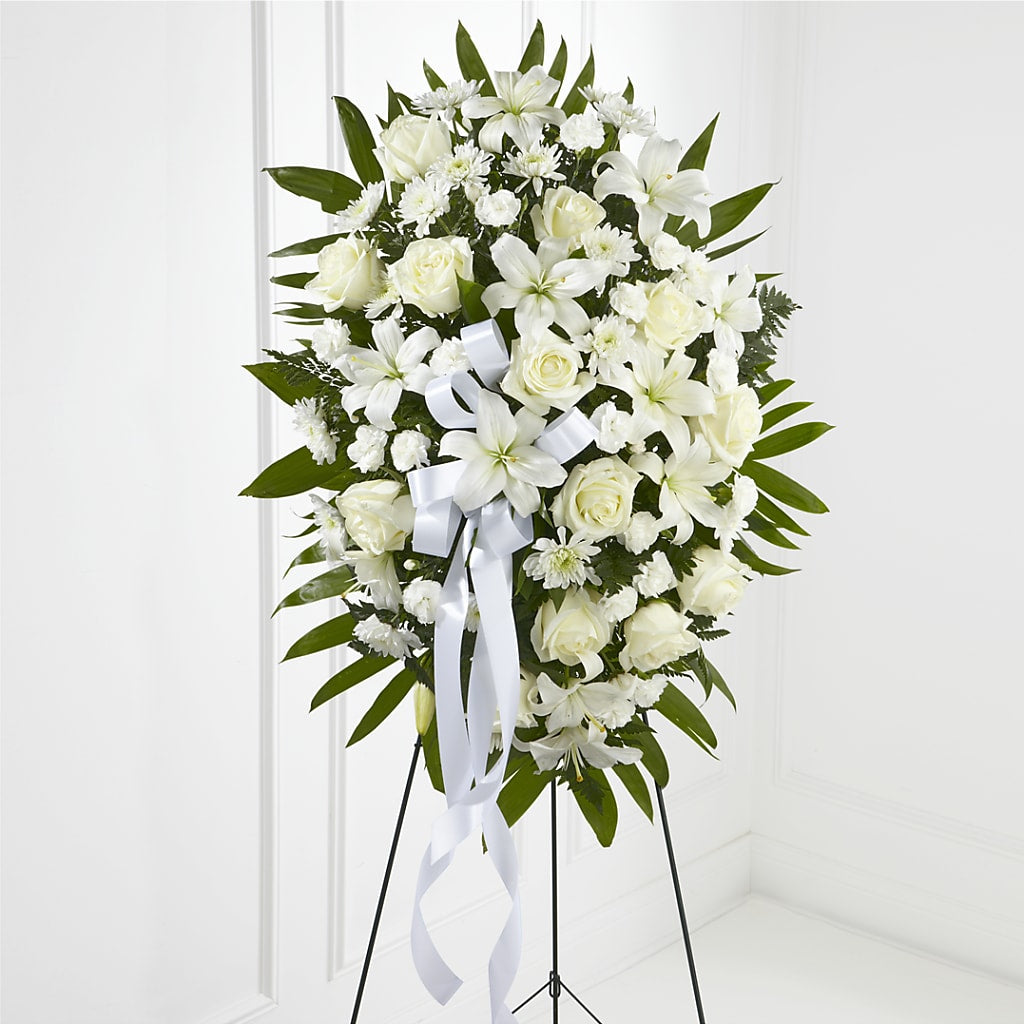 Exquisite Tribute Standing Spray-White Ribbon – Vidor Florist, Vidor TX