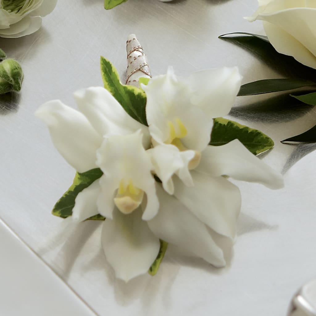 White Mini Cymbidium Boutonniere – Vidor Florist, Vidor TX